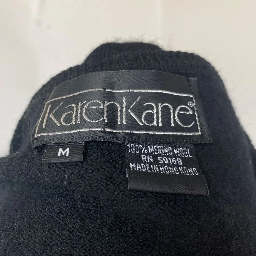 Vintage Karen Kane Black Merino Wool Beaded Cardigan Sweater Med Button Front
